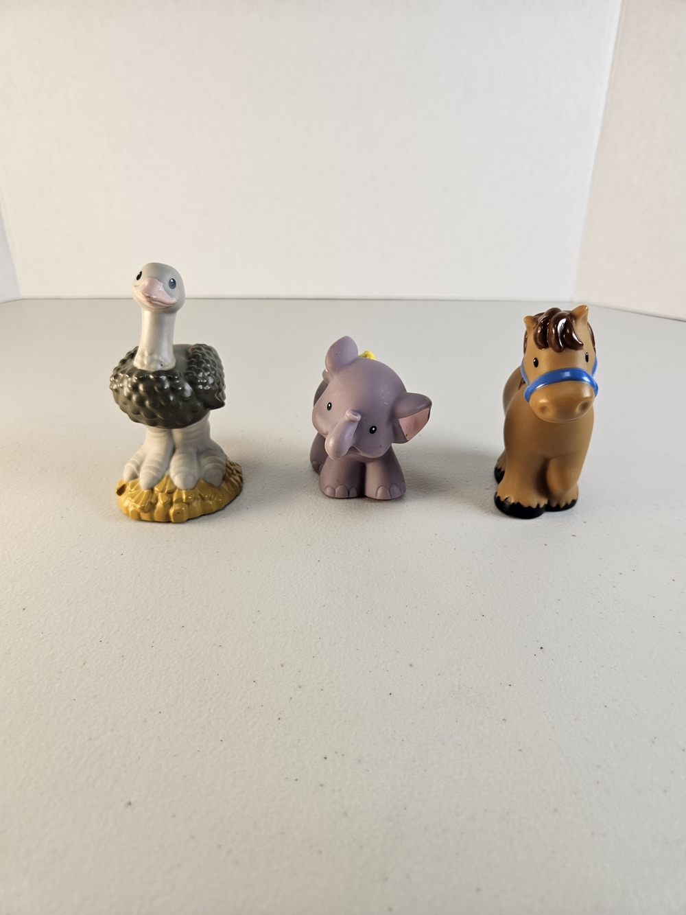 Little People 3 Piece Animal Toy Set Gray Ostrich, Purple Elephant, Brown Horse